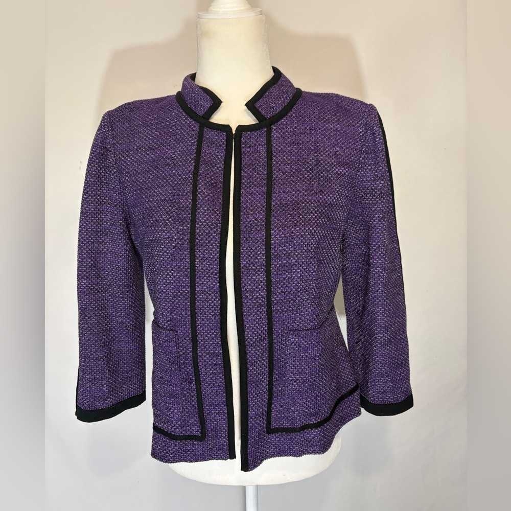 Ming Wang Purple Black Trim Textured Knit Open Front Blazer Jacket Sx PS